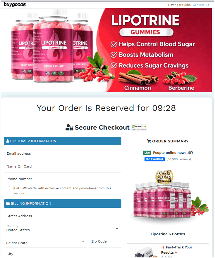 LipoTrine supplement bottles displayed on secure checkout page